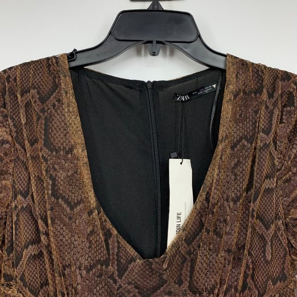 Zara Dress Brown Snake Print Draped Tulle V Neck Long Sleeve NWT - Picture 5 of 13